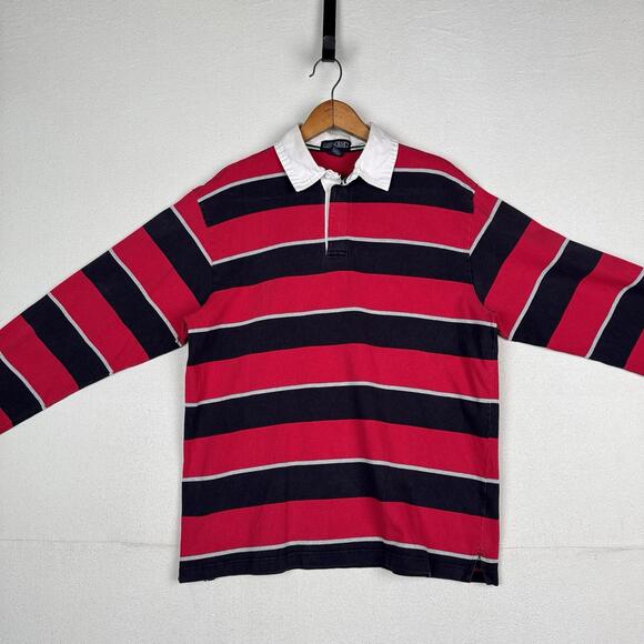 Vintage Lands End Rugby Shirt Mens Large 42-44 Red Blue Gray Striped Polo - Picture 2 of 9
